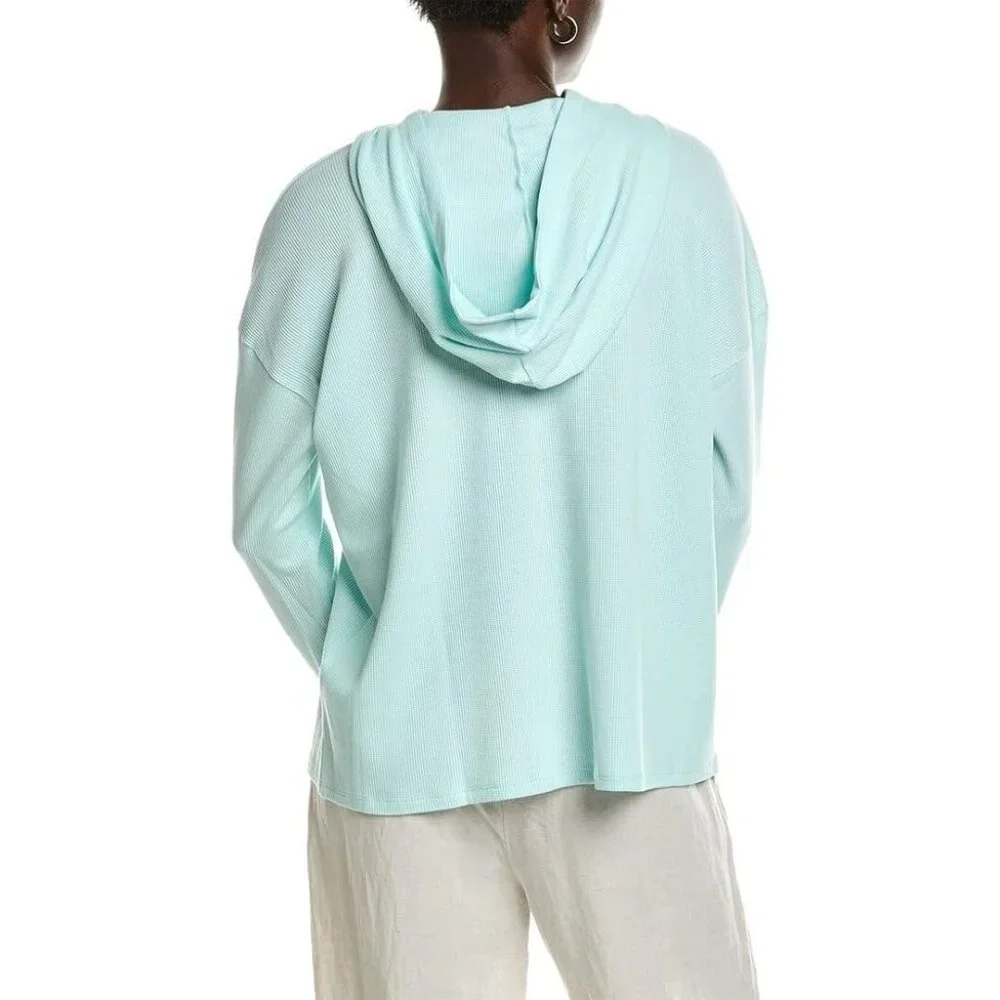 Eileen Fisher Womens XL Cozy Waffle Knit Hooded Top Boxy Fit Pullover‎ Mint